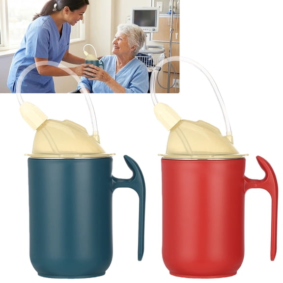 2 Pcs Elderly Sippy Cups, 13.5 fl oz Adult Sippy Cups with Straw, Double Lids, Spill Proof Cup for Bedridden Elderly, Caregiver Assistance (Deep Red Deep Blue)