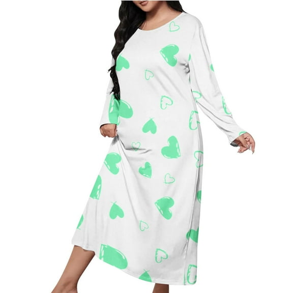 Fancifize Plus Size Women Soft Long Sleeve Heart Print Nightgowns Loose Full Length Nightshirt Comfy Crew Neck Lightweight Loungewear Pajamas