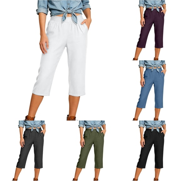 Gunia Capri Pants Women Capri Jeans For Stretch Casual Elastic Waist Wide Straight Leg Plus Size Pull On Denim Capris Loose Pants Summer Pants