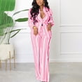 thumbnail image 2 of Womens Fall Spring 2 Piece Outfits Stripe Lapel Button down Long Sleeve Shirts and Wide Leg Pants Sets Tracksuit Pink, 2 of 7