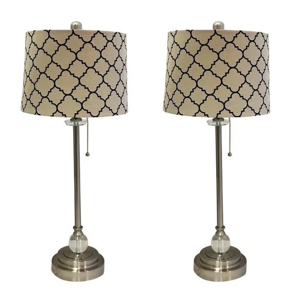 Royal Designs 28" Crystal and Brushed Nickel Lamp with Eggshell and Black Moroccan Print Shallow Drum Hardback Lamp Shade, Set of 2