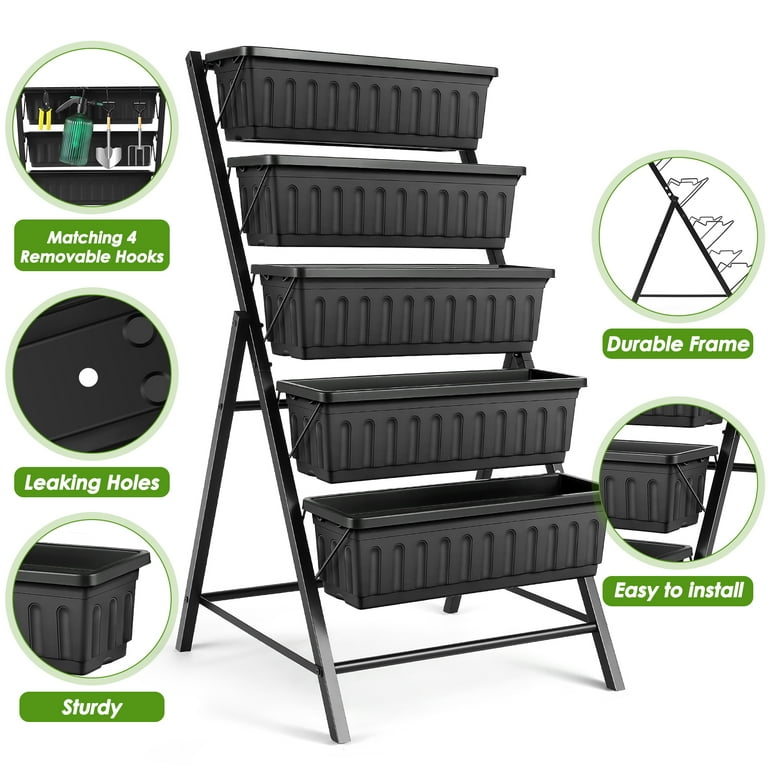 5 Tier Vertical Garden Planter - Outdoor Raised Herb Garden Bed With Drainage Holes & Removable Trays, Black