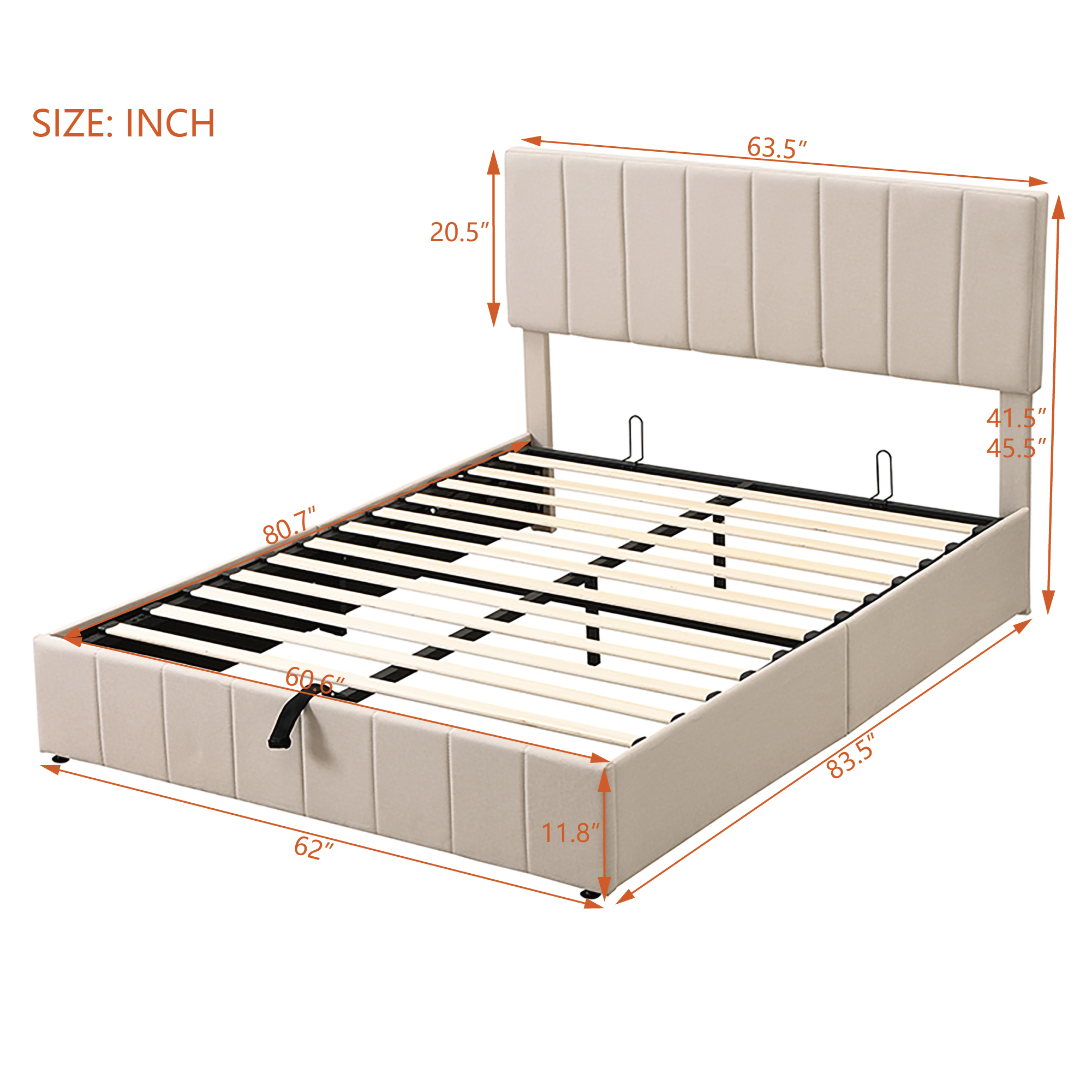 Queen Upholstered Platform Bed 83.5 Inch, Hydraulic Storage System Bed Frame with Linen Fabric Headboard, No Box Spring Needed, Beige