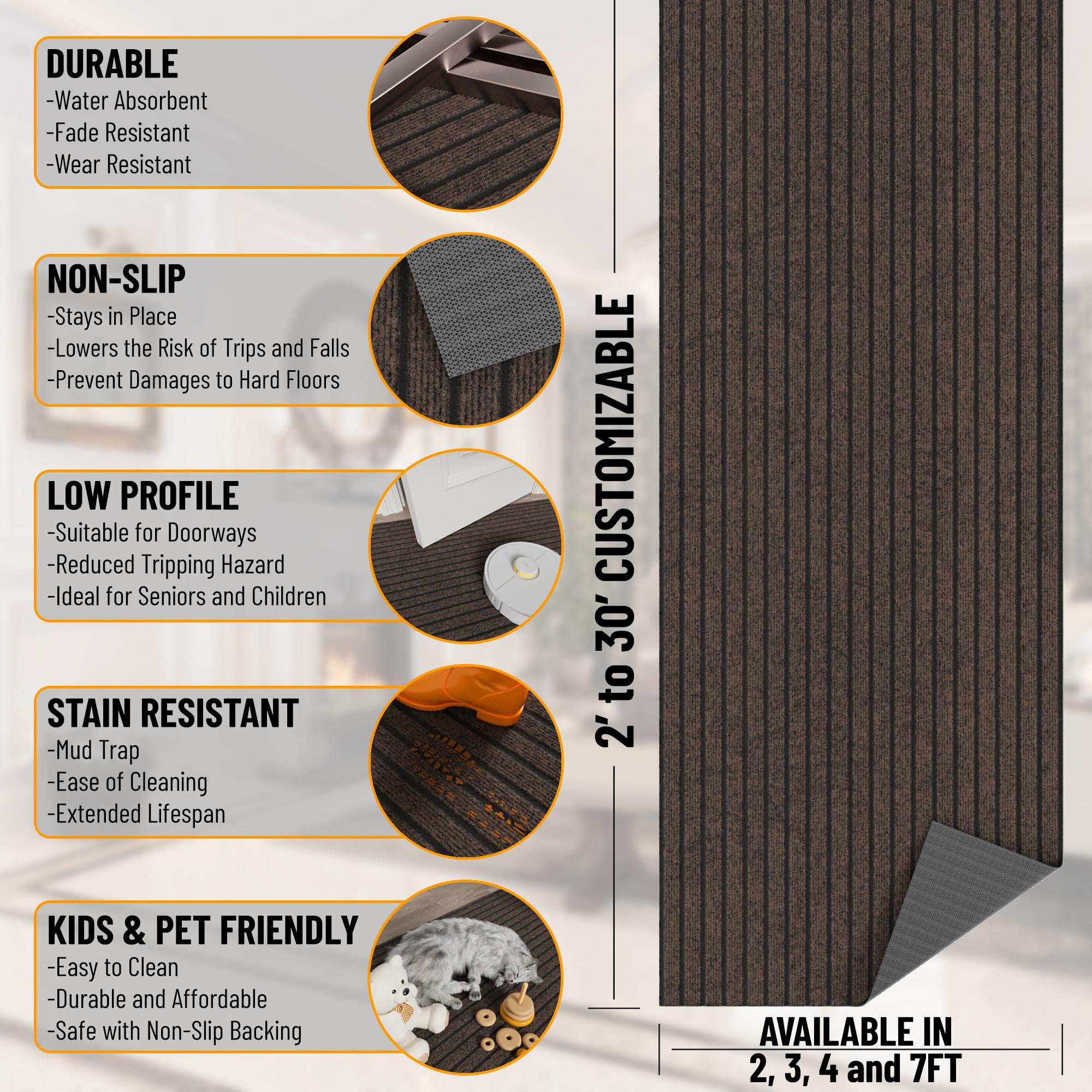 Ottomanson Non-Slip Hallway Runner Rug 2' x 48' Indoor/Outdoor Custom Size Utility Carpet for Garage, Brown Ribbed