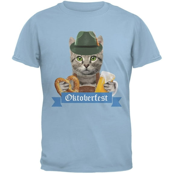 Oktoberfest Funny Cat Light Blue Adult T-Shirt - X-Large
