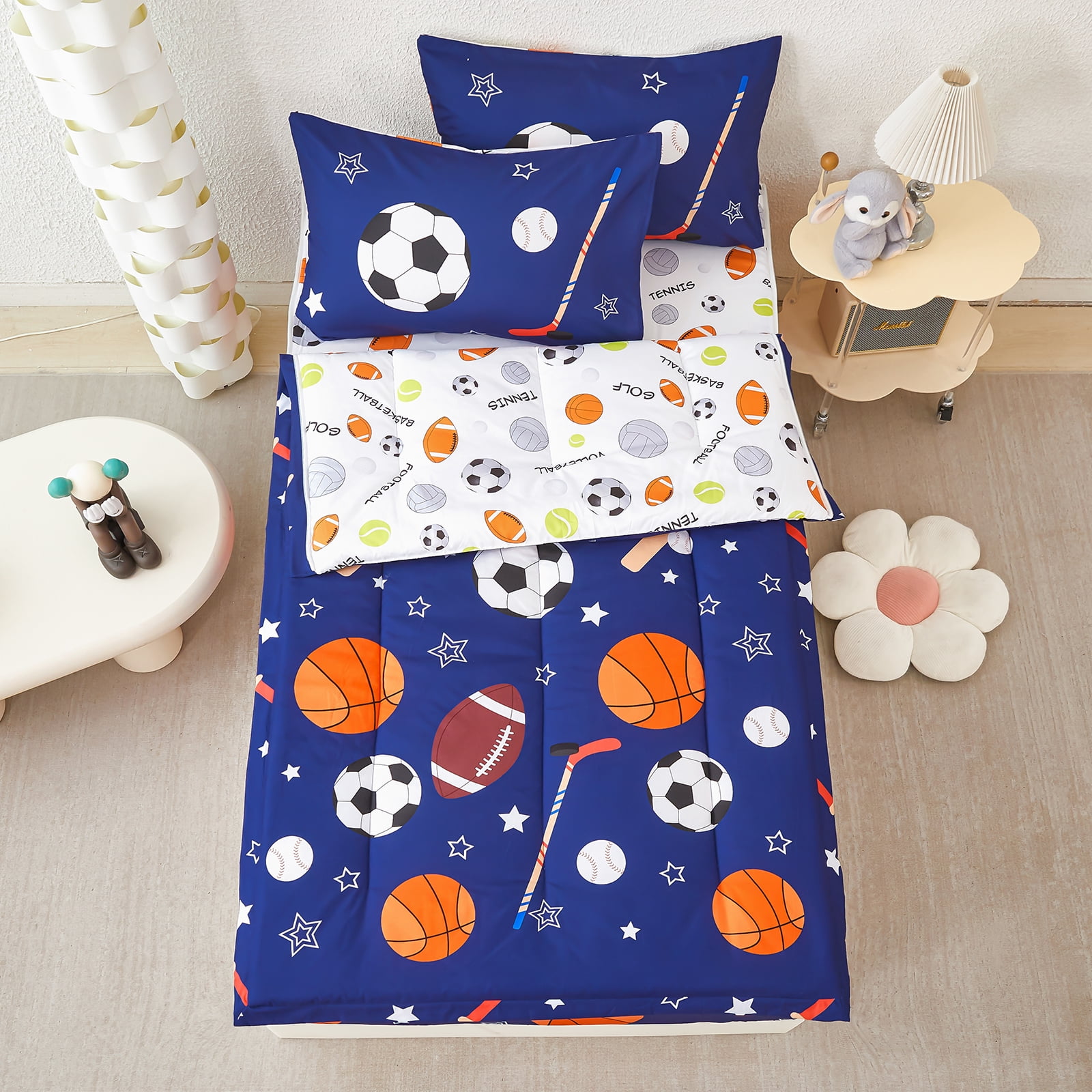ZRNBAST 3Pcs Kids Comforter Set Sports Ball Games Zipper Bedding Set for Boys Basketball Football Baseball Comforter with Fitted Sheet and Pillowcases All in one Zipper Bedding(Navy ,Twin)