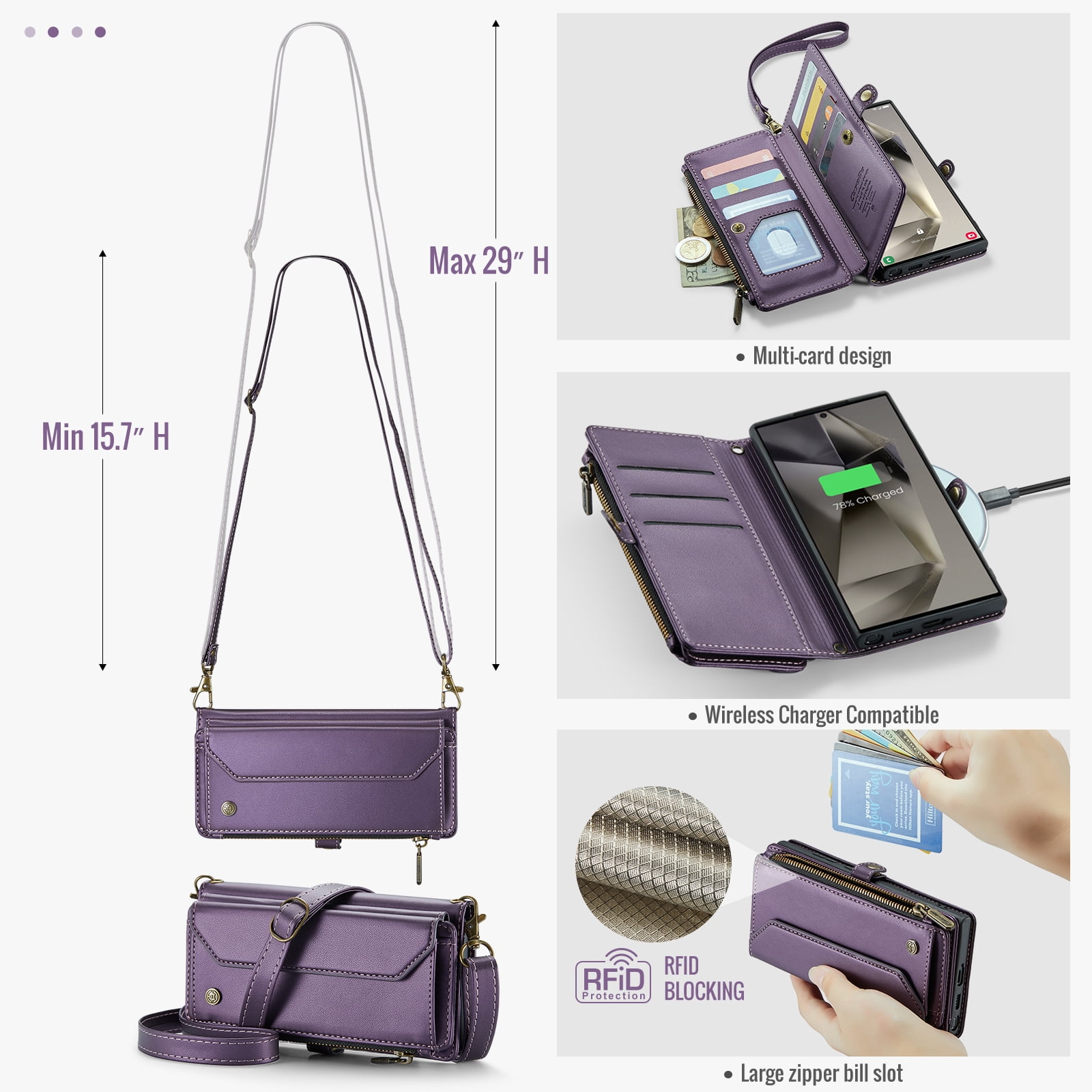 for Samsung Galaxy S22 Full Body Protection Wallet Folio Flip Case, Shoulder Strap & Wristlet Card Slots Zipper Pocket RFID Blocking Rugged Durable PU Leather Phone Case Cover, Purple