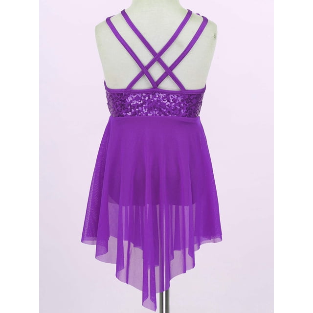 Mufeng Robe Sans Manches à Sequins Croisés pour Filles, Justaucorps de Ballet Lyrique, Robe de Danse de Salon Moderne, Violet 8