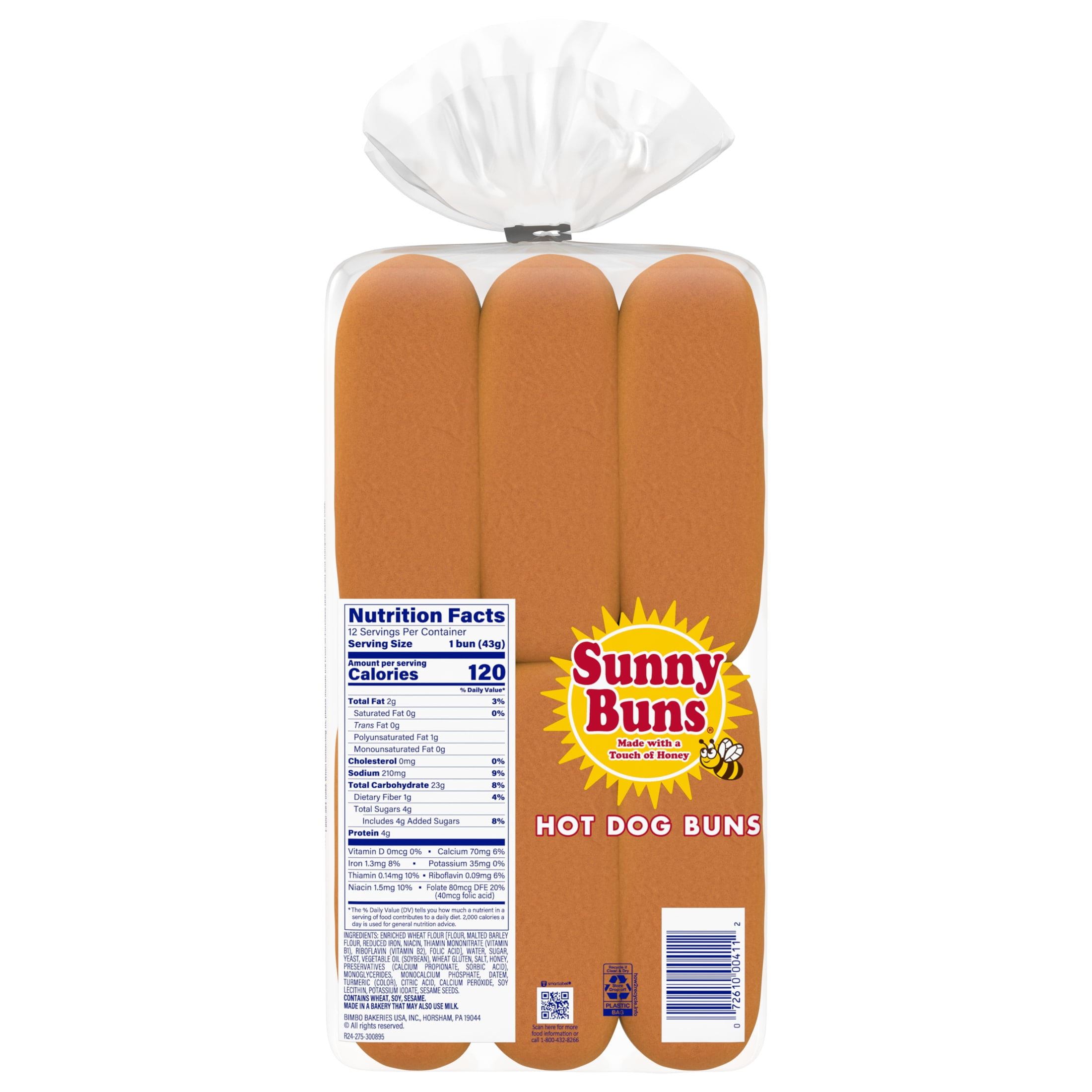 Heiner's Sunny Buns Honey Enriched Hot Dog Buns, 12 count, White Hot Dog Buns, 18 oz Bag