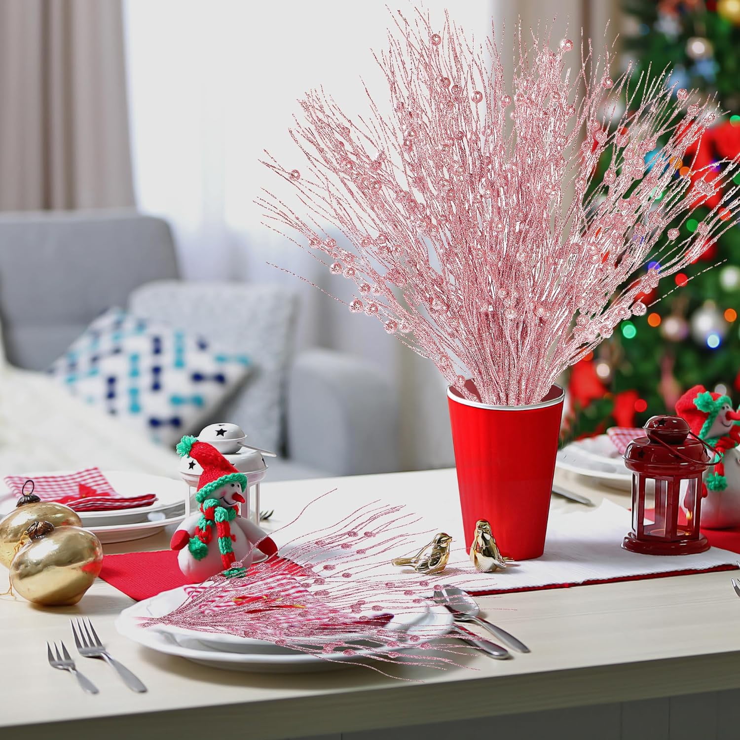 24 Pack Artificial Glitter Berry Stem Ornaments 17 Inches Fake Christmas Picks Decorative Glitter Sticks for Christmas Tree DIY Wreath Crafts Gift Fireplace Holiday Home Decor (Pink)