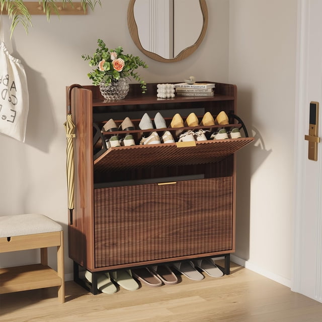 GloryStar Entryway Shoe Rack Cabinet, Narrow Fluted Wood Design with 2 Flip Drawers for Shoe Storage