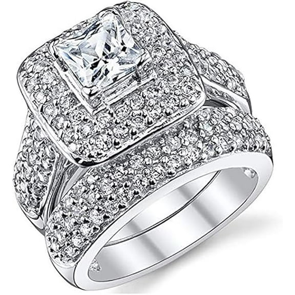 Dazzlingdaimonds Jewels 925 Sterling Silver 2.00 Ct Princess Cut White Diamond Wedding Engagement Christmas Bridal Ring Set 14K White Gold Plated For Women's -8