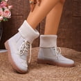 thumbnail image 4 of Rokment Womens Platform Combat Boots Fall Winter Trendy Casual Knit Patchwork Foldover Flat Low Heel Mid Calf Short Booties White Size 7.5, 4 of 7