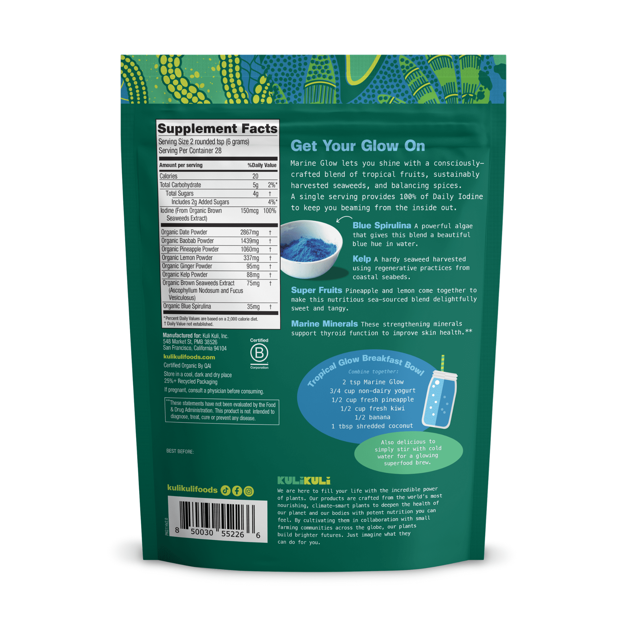Kuli Kuli Marine Glow Organic Kelp & Blue Spirulina Superfood Powder for Skin & Thyroid, 6 oz