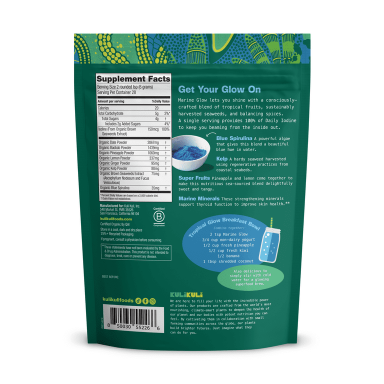 Kuli Kuli Marine Glow Organic Kelp & Blue Spirulina Superfood Powder Blend, Supports Skin Glow and Thyroid Function, 6 oz