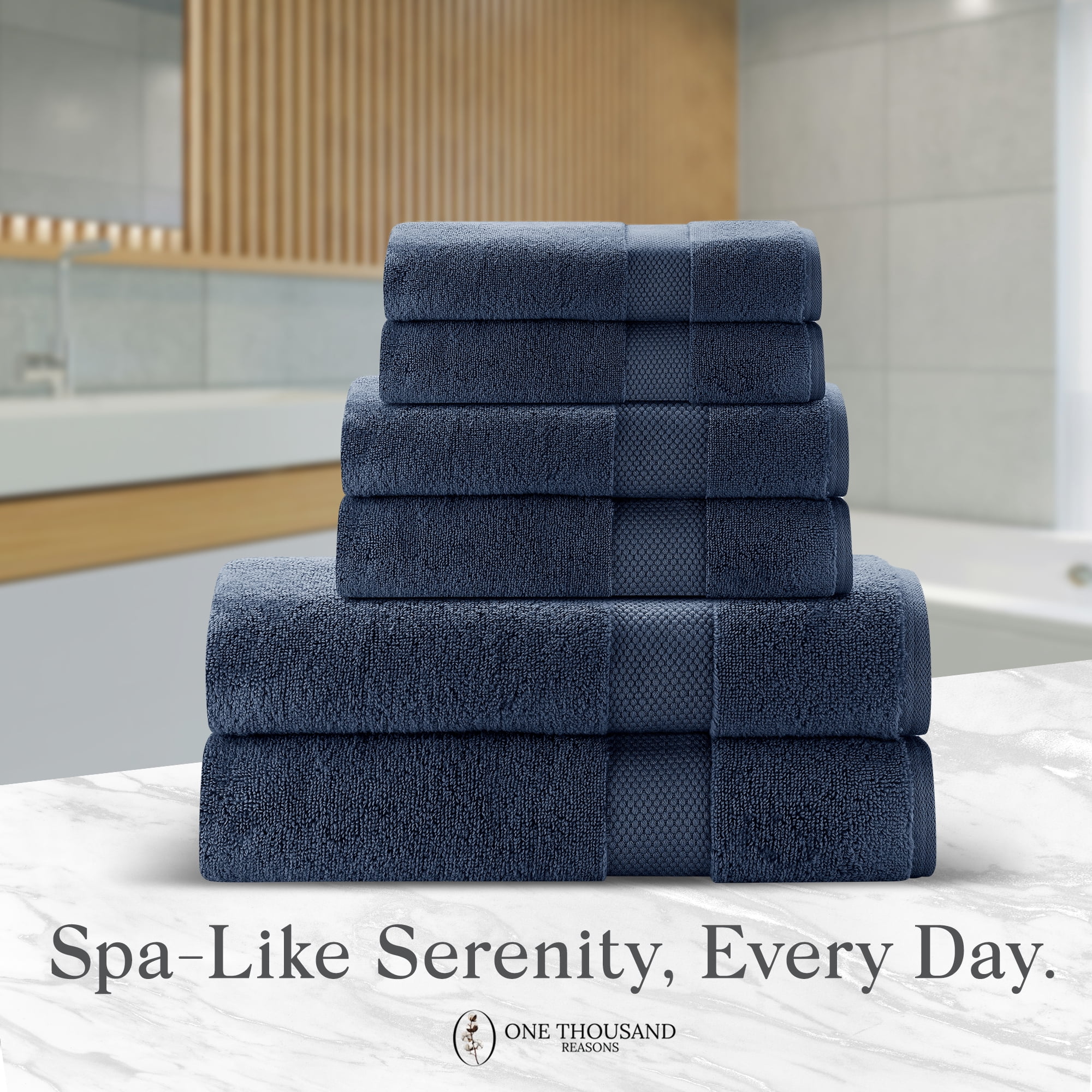 One Thousand Reasons Superior Zero Twist 1 Stripe Towel Set | Bath, Gym, Hand Towels | Luxury & Soft Cotton - Midnight (6 Pieces)