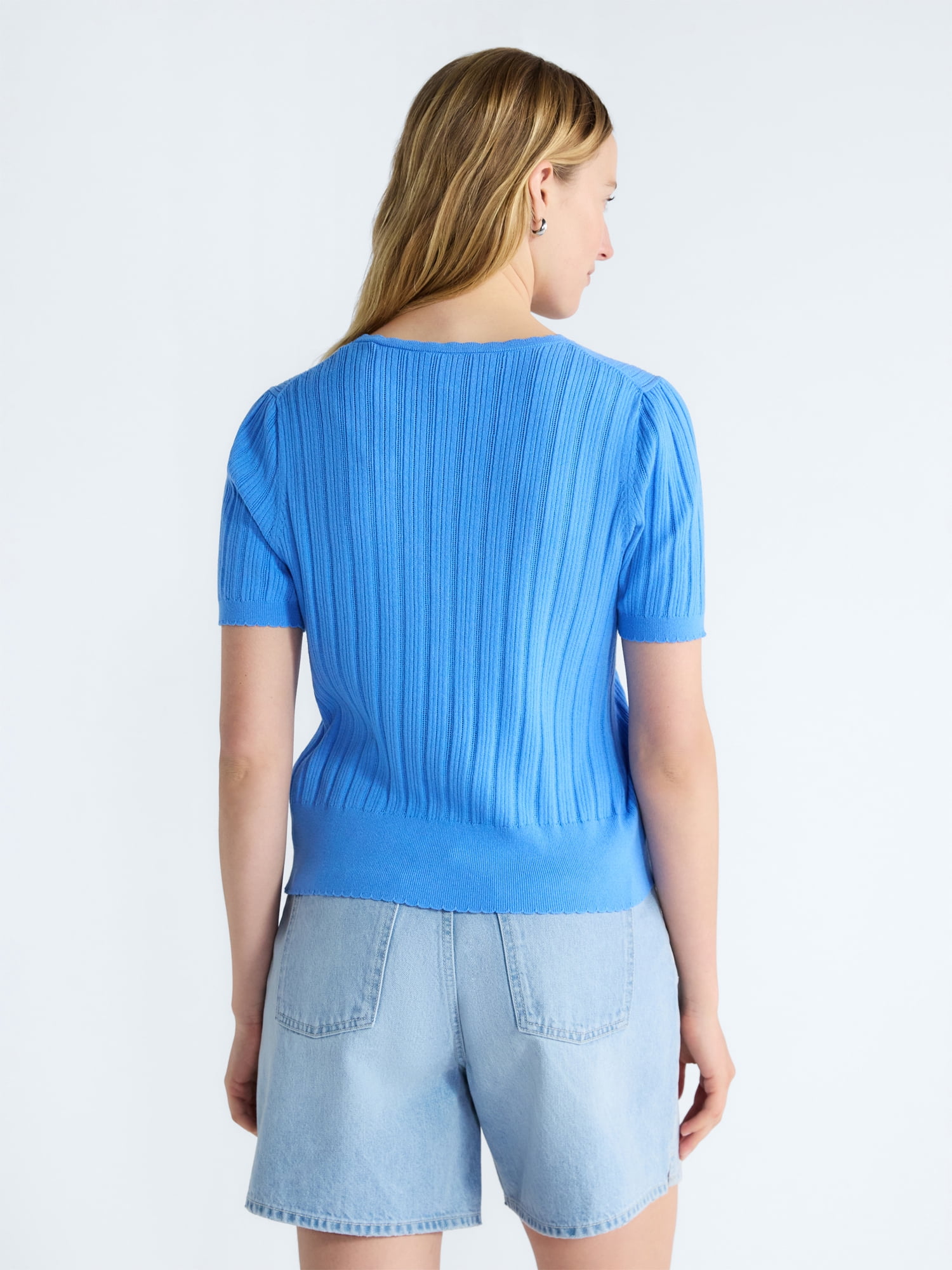 Free Assembly Women's Pointelle Cardigan Sweater with Short Sleeves, Lightweight, Sizes XS-XXL