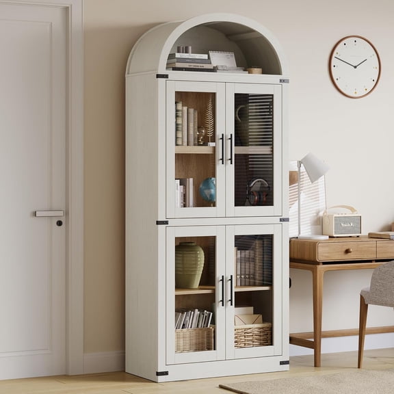 Black Arched Bookshelf with Glass Doors 71 Point Four Inches Tall Rustic Premium Wood Display Cabinet Glass Door White