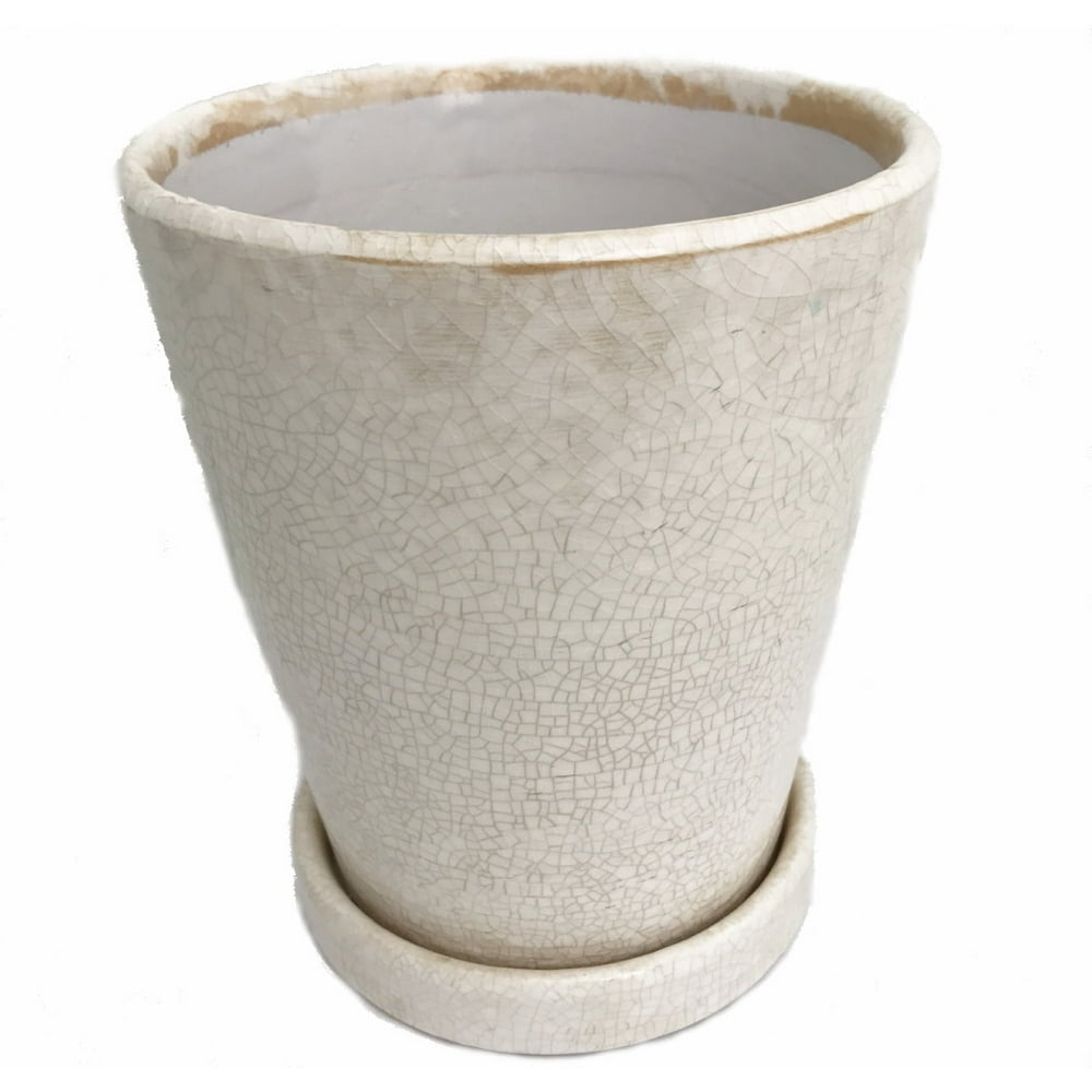 Tall Round Ceramic Planter and Saucer 6.5" x 5.25" Crackle Antique White