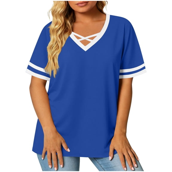 YUGYXL Womens T-Shirt Short Sleeve Summer Oversized Tops V Neck Casual Basic Tees Fashion Color Block Plus Size Comfy Clothes Blue Tops L