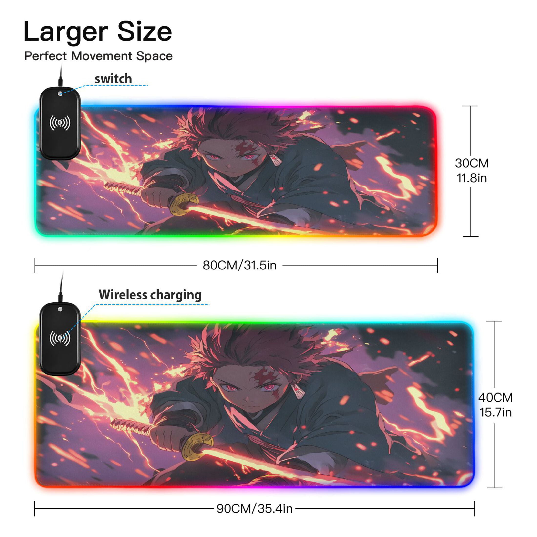 Wireless Charging Mouse Pad Large RGB Gaming Desk Mat 13 Light Modes Mousepad 31.5x11.8 Kamado Tanjirou Waving Sword