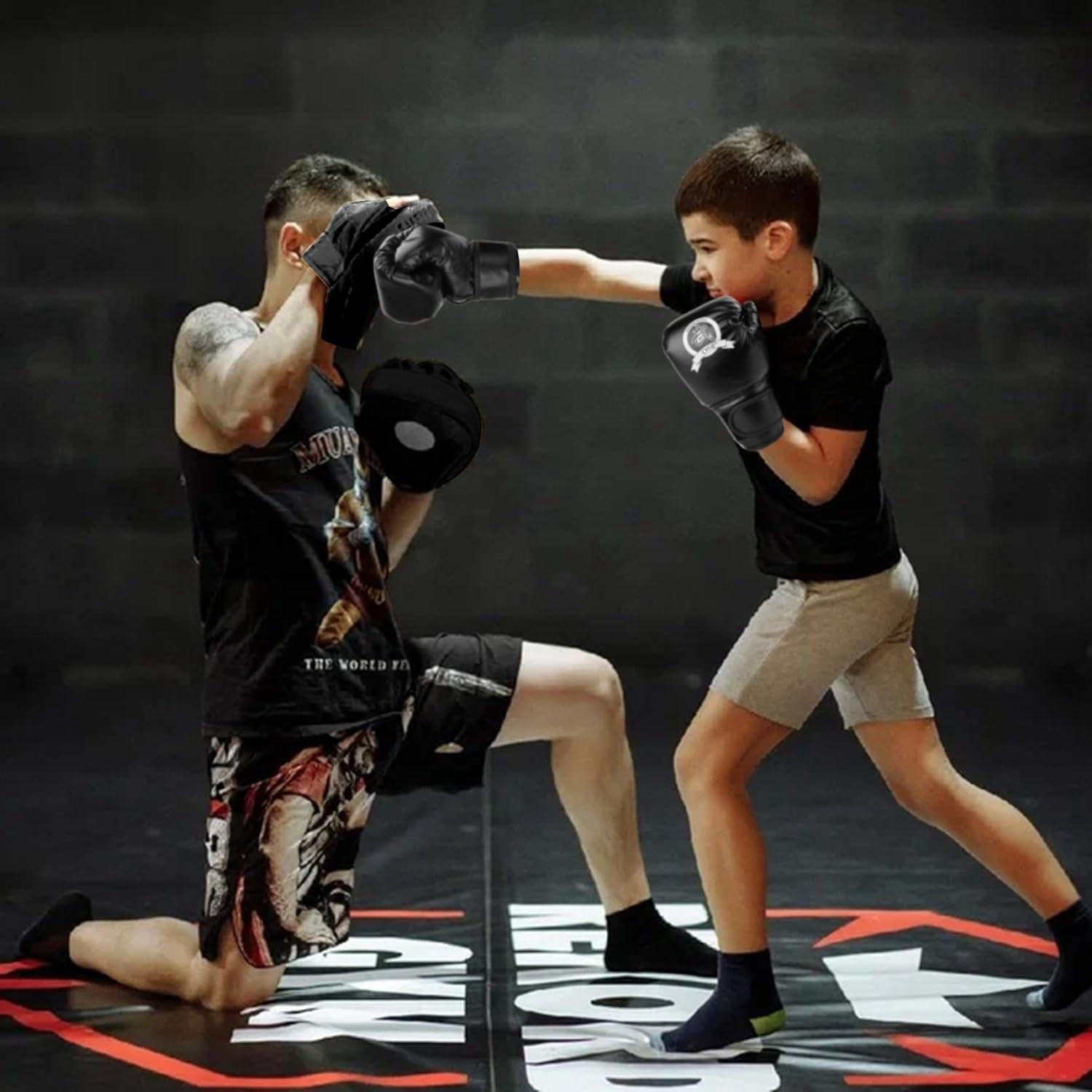 CYFIE 3-in-1 Boxing Stuff with Boxing Gloves & Taekwondo Kick Pad, Punching Mitts for Kids Youth, MMA Karate Muay Thai Training,Black