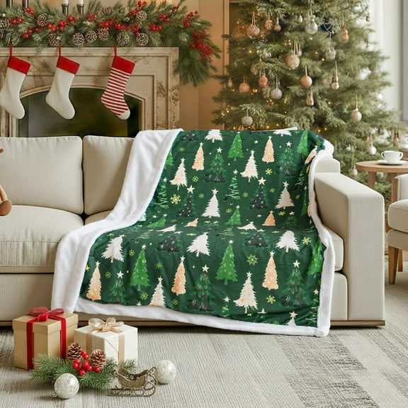 Christmas Sherpa Flannel Blanket Throw, Christmas Green Tree Soft Fuzzy Plush Cozy Fleece Blankets for Couch Sofa Bed Lounging, Ideal Gifts for Adults Wife Self, 50x60