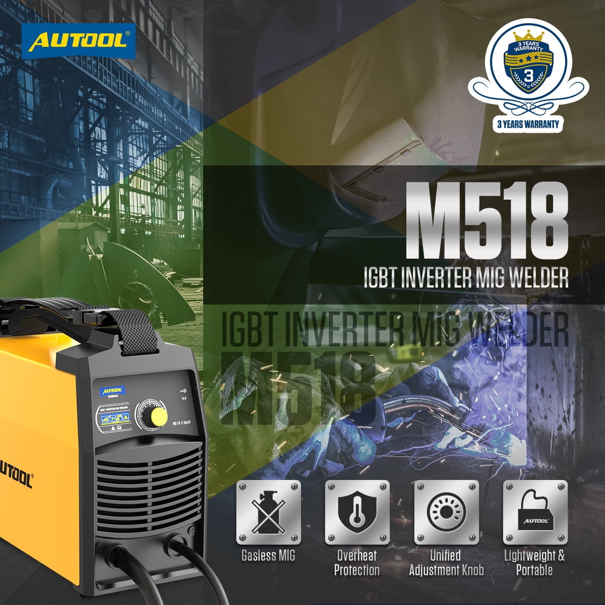 AUTOOL Welder Gasless MIG Welding Machine 110V Portable IGBT Inverter Welder Flux Core Self-Shielding Welding Machine W/ Overheat Protection & Adjustment Knob for Beginner Repair