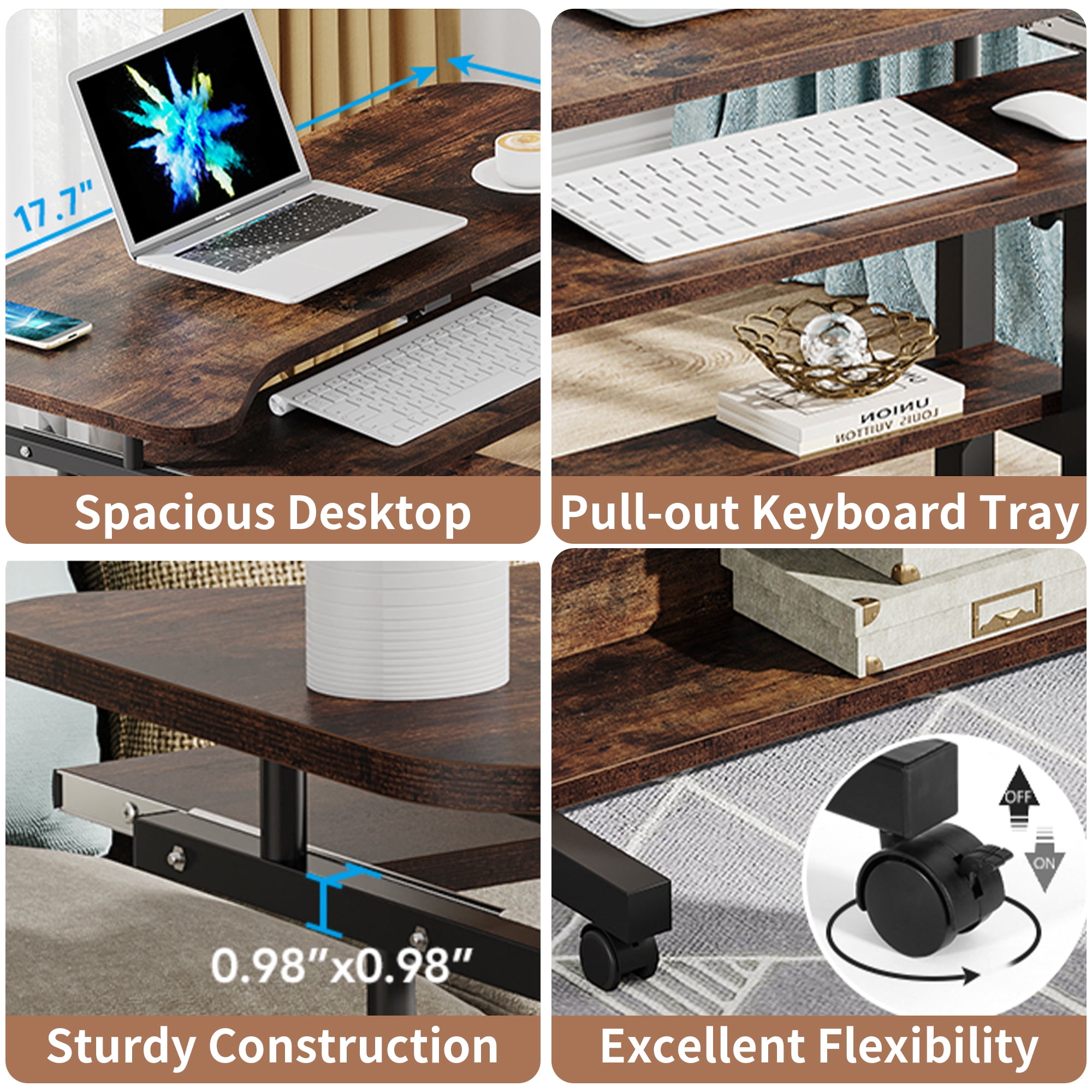 KIOOTTO Height Adjustable Mobile Desk with Power Outlet, Wireless Charging, Keyboard Tray and Locking Wheels, Walnut