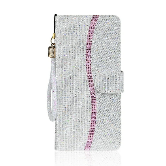 Galaxy S23   Case for Women Girl, Synthetic Leather Sequins Shining Glitter Shockproof Credit Card Holder Kickstand Folio Flip Case Cover with Wrist Strap for Galaxy S23 Plus 5G 2023, Silver