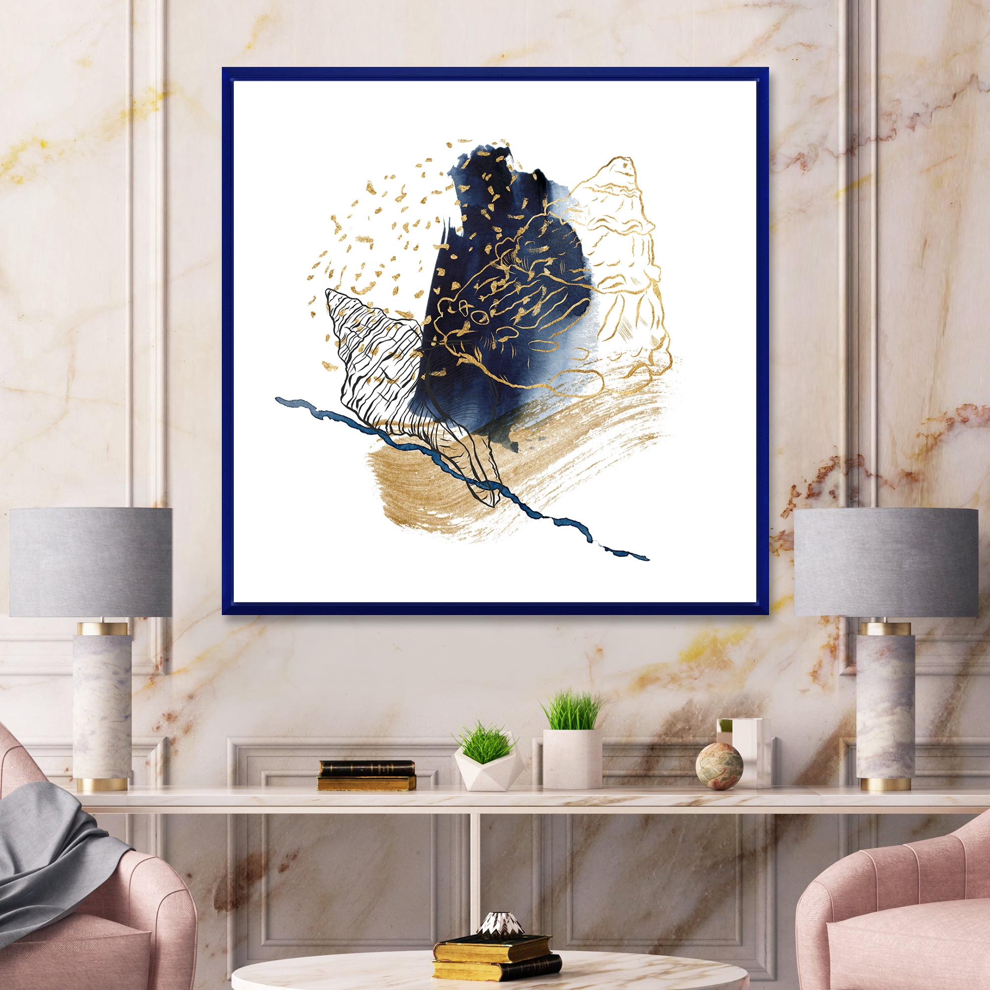 Designart 'Underwater Marine Life With Gold Shell Line Art' Farmhouse Framed Canvas Wall Art Print