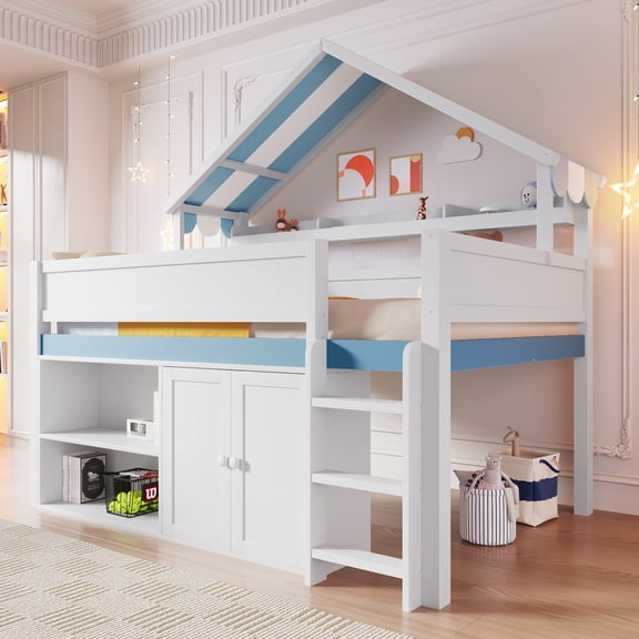 Euroco Wood Full Size Loft Bed with Storage Shelves and Cabinets, Canopy House Bed with with Roof Design, White & Blue