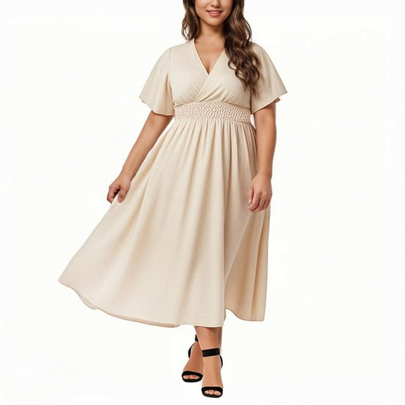 XUNKUSGA Plus Size Summer Dresses for Women 2025 Fashion V Neck Leaf Sleeve Dress Casual High Waist Beach Sundress L-5XL