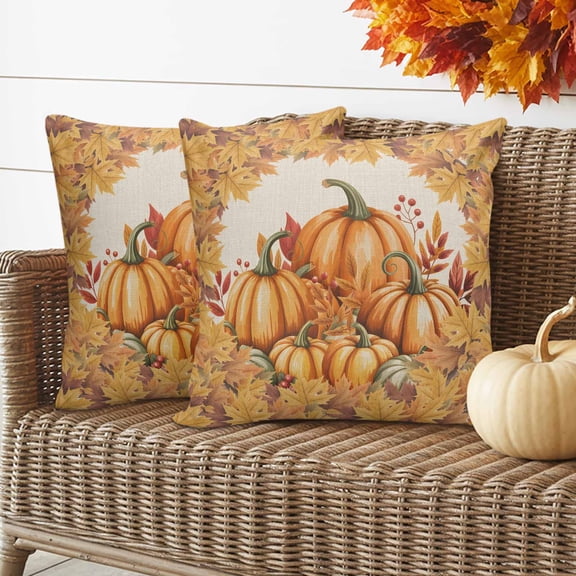 Outdoor Waterproof Pillow Covers Thanksgiving Pumpkin Autumn Maple Decorative Throw Pillow Protectors for Patio Sofa Garden Couch,18x18in 2 Pack