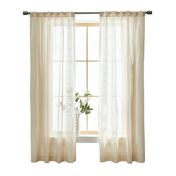 Better Homes & Gardens Embroidered Border Rod Pocket/Back Tab Single Curtain Panel, 1-Piece, Papyrus Beige, 50" W x 84" L