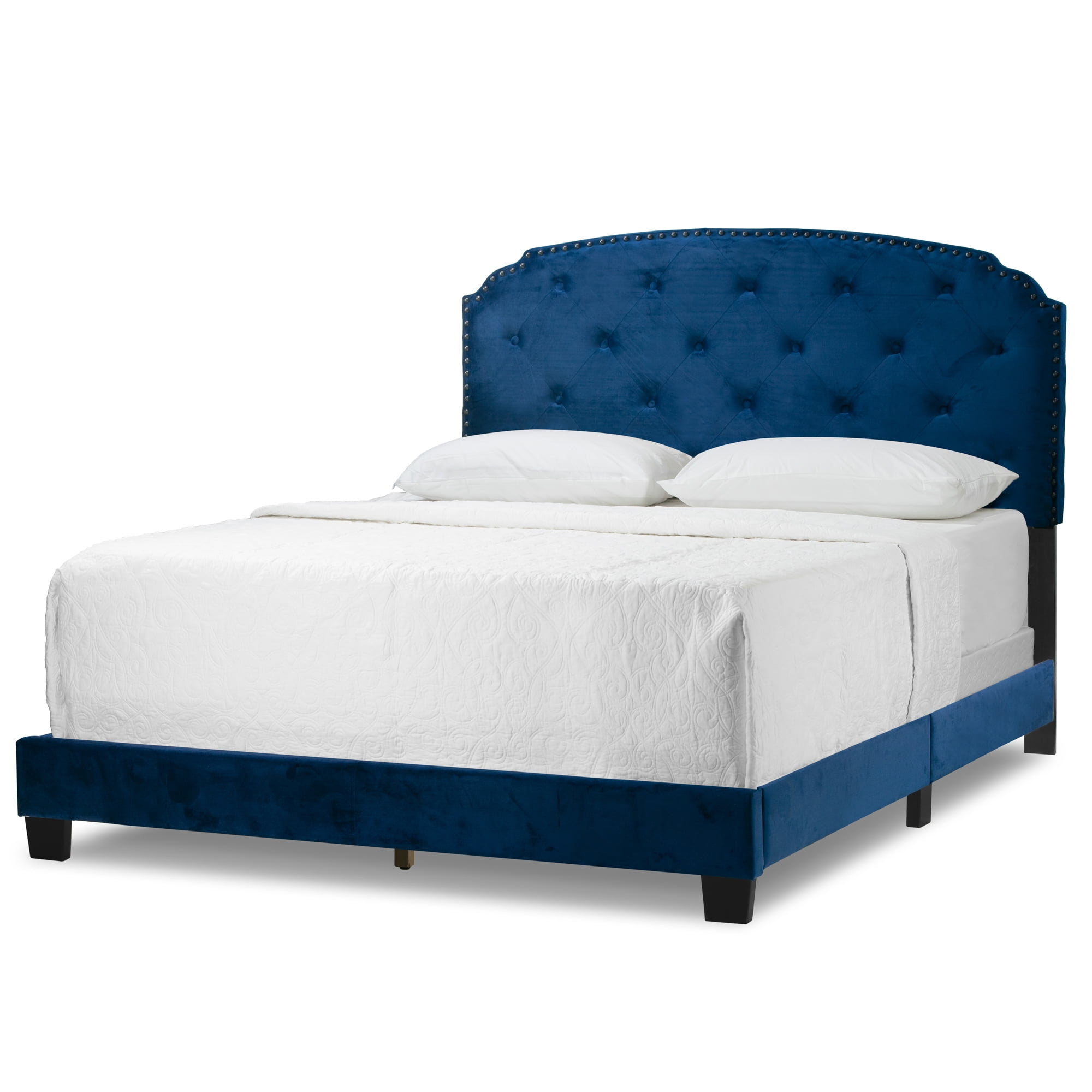 Arin Navy Blue Velvet Queen Bed with Button Tufting and Black Nail Head
