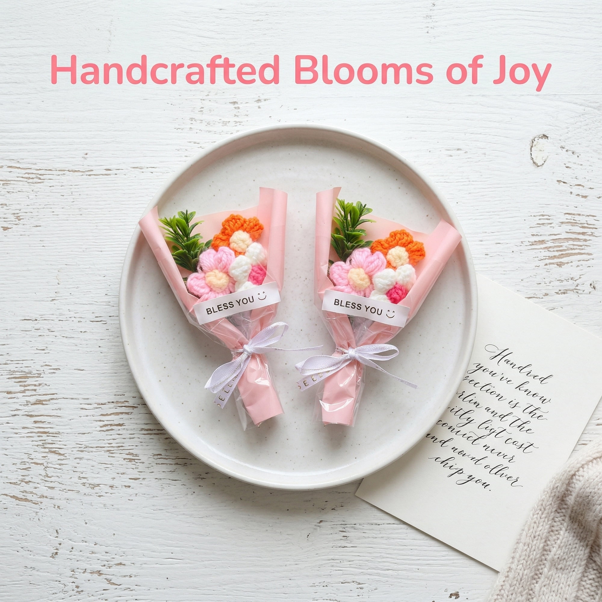 Unique Bargains 4Pcs Handmade Crochet Potted Flowers Knitted Bouquet Pink Red 5.9in