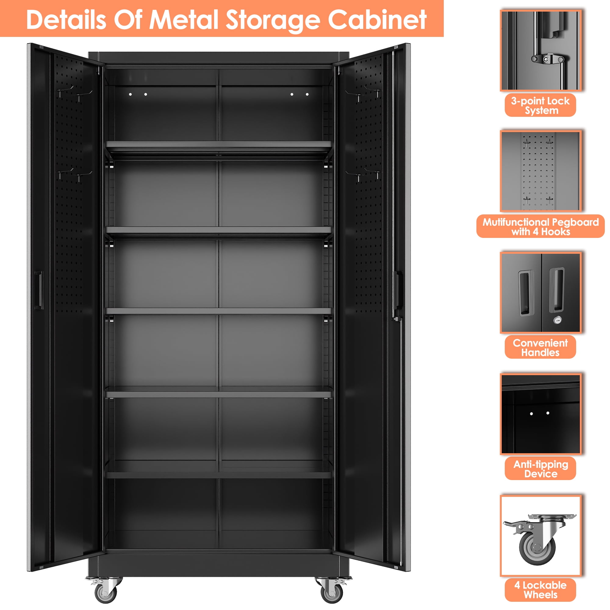 Aobabo Upgraded Wide & Deep Garage Storage Cabinets with Wheels & Pegboard,Lockable Metal Storage Cabinets 2 Doors&5 Shelves for Garage Home Office School,Assembly Required, Black