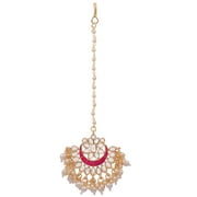 Crunchy Fashion Bollywood Jewellery Traditional Ethnic Bridal Bride Wedding Bridesmaid Gold-Plated Kundan Pearl Chandbali Design Maang Tika