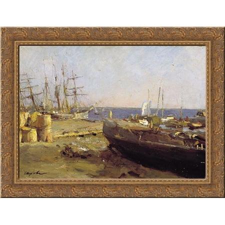 Fishing vessels in Arkhangelsk 24x18 Gold Ornate Wood Framed Canvas Art by Valentin Serov