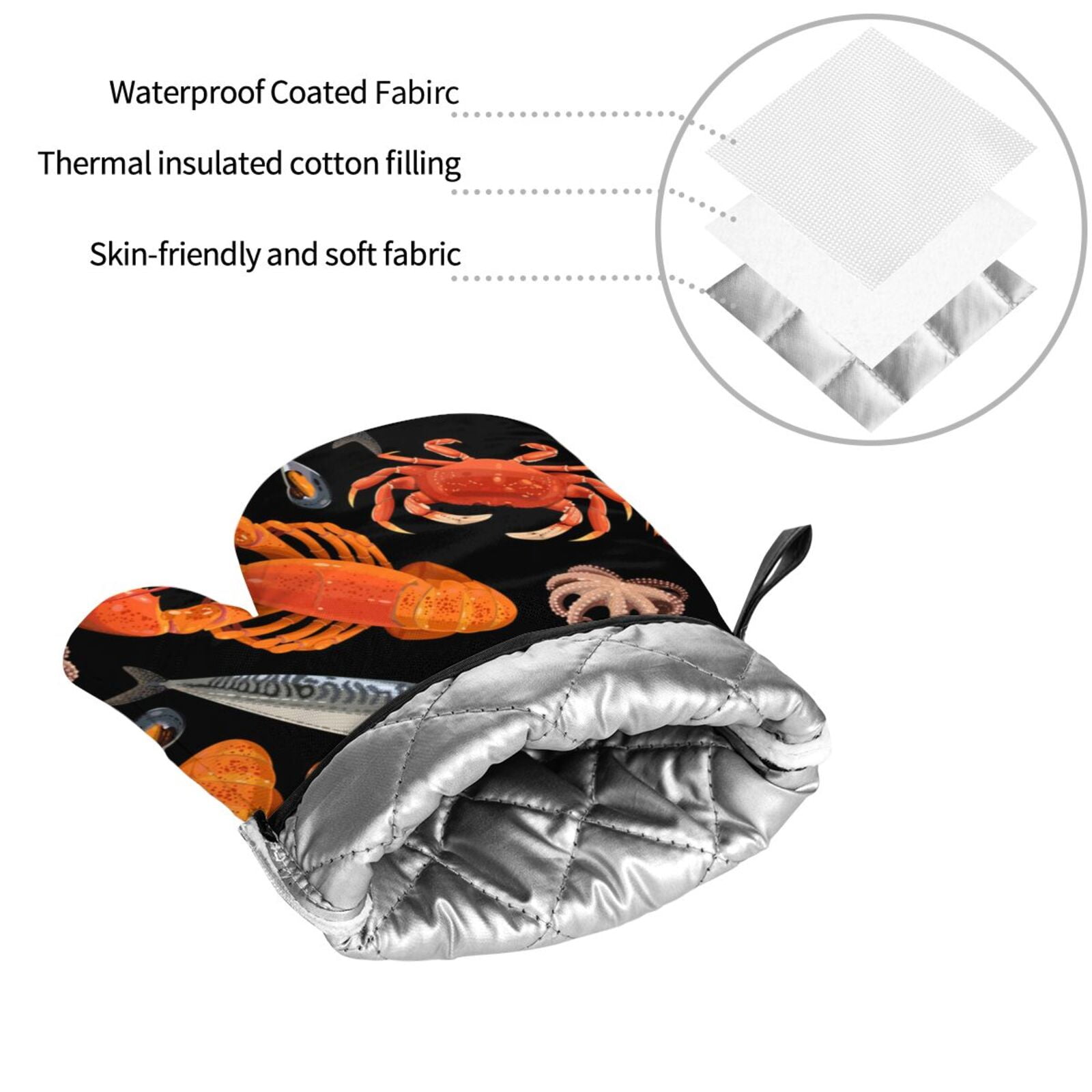 Seafood Pattern Crayfish Crab Shrimp 4Pcs Oven Mitts and Pot Holders Sets Oven Kitchen Gloves Hot Pads for Cooking BBQ Baking Grilling