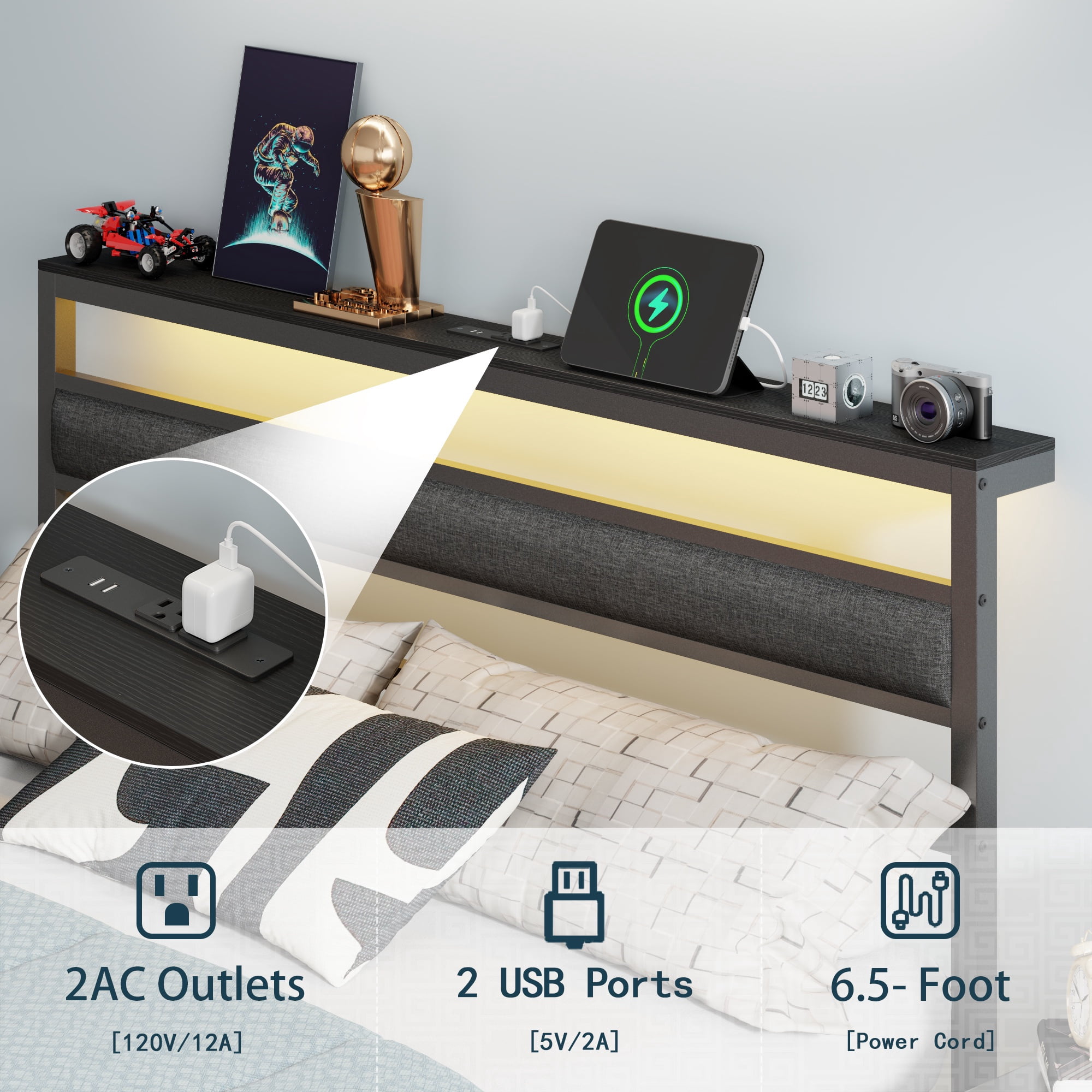 Satifur Queen Size Bed Frame with Upholstered Headboard & Shelf, LED Lights & USB Charging Station, Metal Black