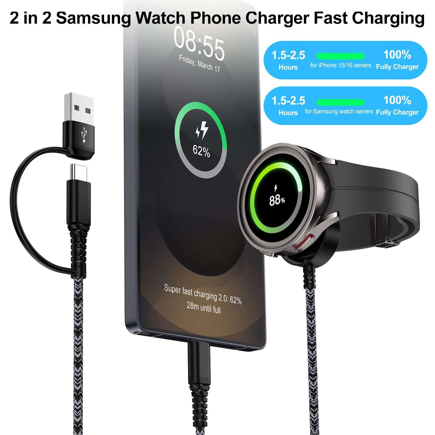 2 in 2 USB C Watch Charger,2Pack Type C Charger Block w/ Type C Charger Cable Cord 6FT USB C Fast Charging Dock Stand Replacement Wireless Magnetic USB Type C Watch Charger Pad Compatible for Samsung