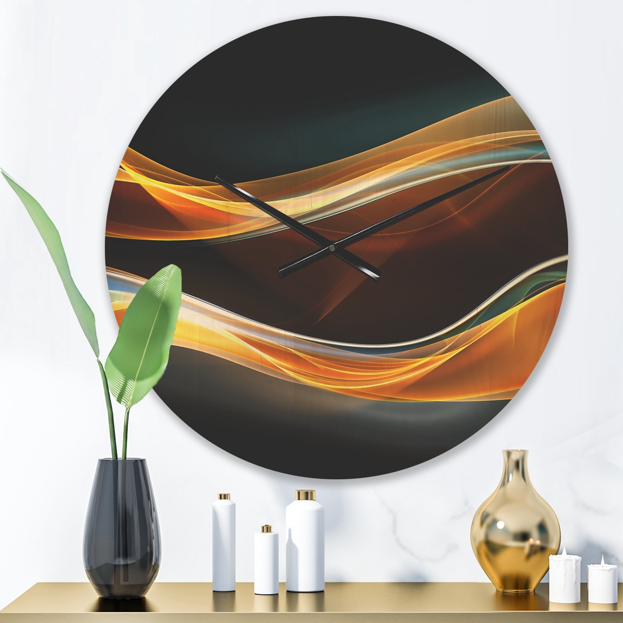 Designart 'Fractal 3D Gold Waves in Black' Modern Wood Wall Clock