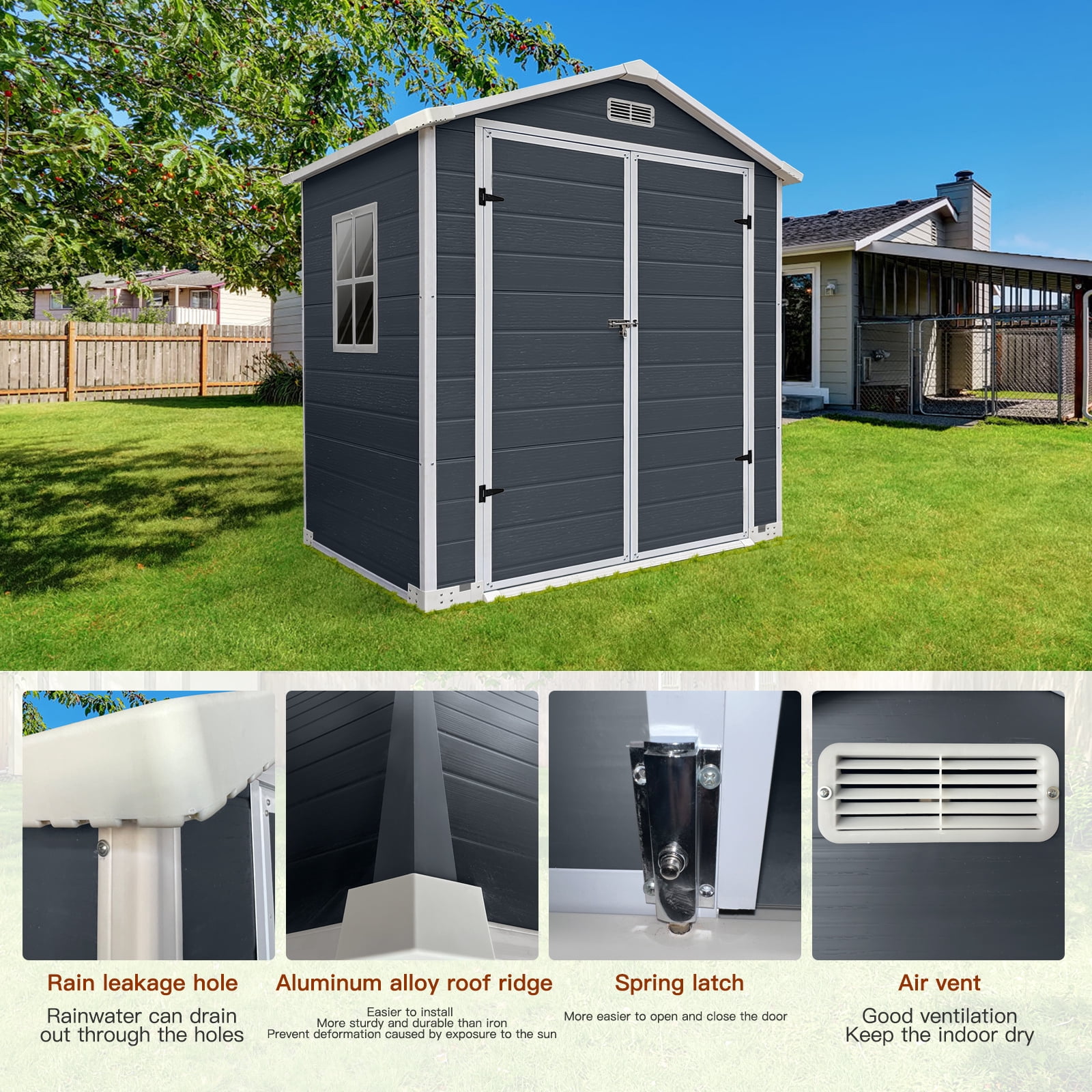 Mintazer 6×4ft Outdoor Storage Shed with Floor, Large Garden Tool Storage Building with 2 Lockable Door & Window, Weatherproof Bike Shed for Backyard Lawn Patio, Cold Gray