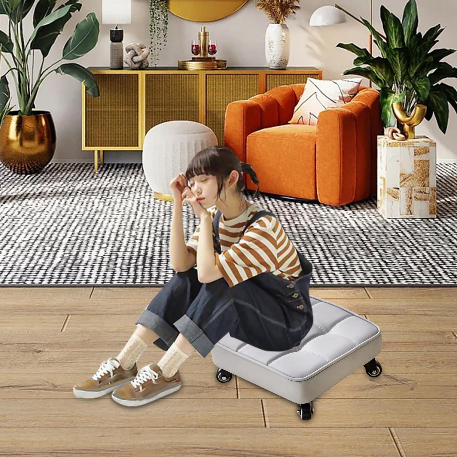 Square Low Height Rolling Stool PU Leather Seat for Adult Kid 360