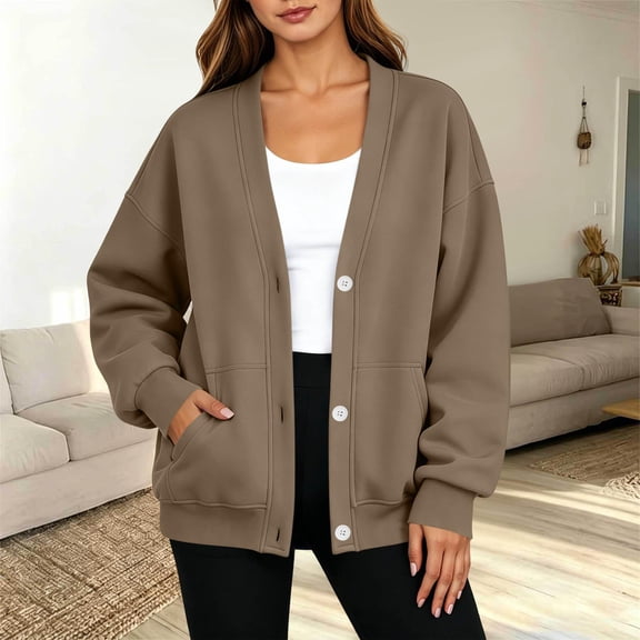 Tdoqot Womens Button Down Sweatshirt- Fashion Loose Fit V-Neck Long Sleeve Casual Fall Jacket Brown Size XL