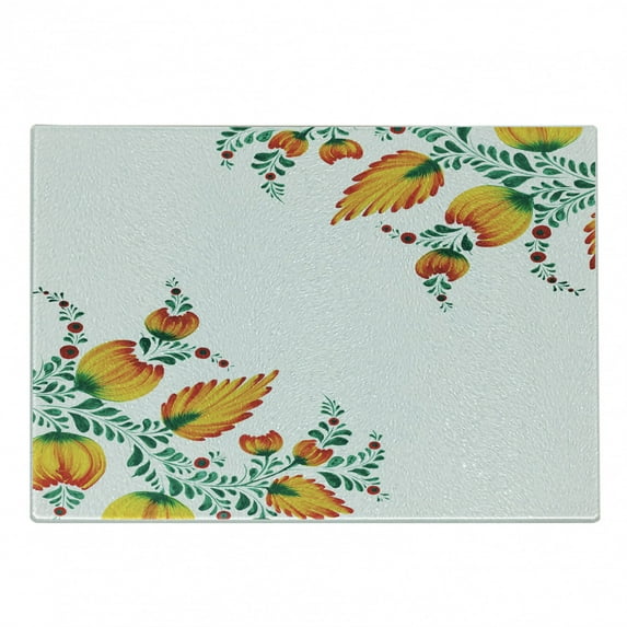 Japanese Cutting Board, Ornate Japanese Watercolor Flower Motif Environment Inspired Art Image Print, Decorative Tempered Glass Cutting and Serving Board, Small Size, Orange Green, by Ambesonne