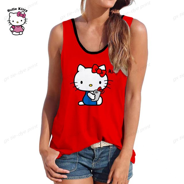 Nouveau Mode Simple Polyvalent Vêtements pour Femmes Grande Taille Été Hello Kitty Imprimé Col Rond Sans Manches T-Shirt Débardeur Yening