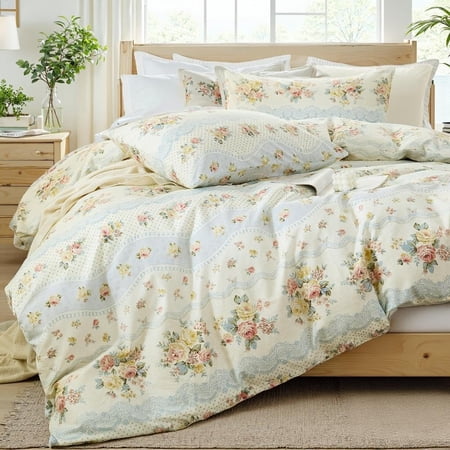 100% Cotton Duvet Cover Set – Reversible Botanical Floral Bedding, Ultra Soft Breathable Natural Cotton, 3 Pieces French Cottagecore Style Comforter Cover with Zipper Closure